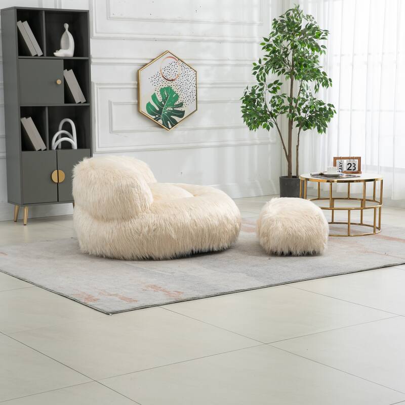 Fluffy Bean Bag Chair with Ottoman, Comfy Bean Bag Lounger for Adults and Kids, Ultra Soft Lazy Sofa Chair with Memory Foam