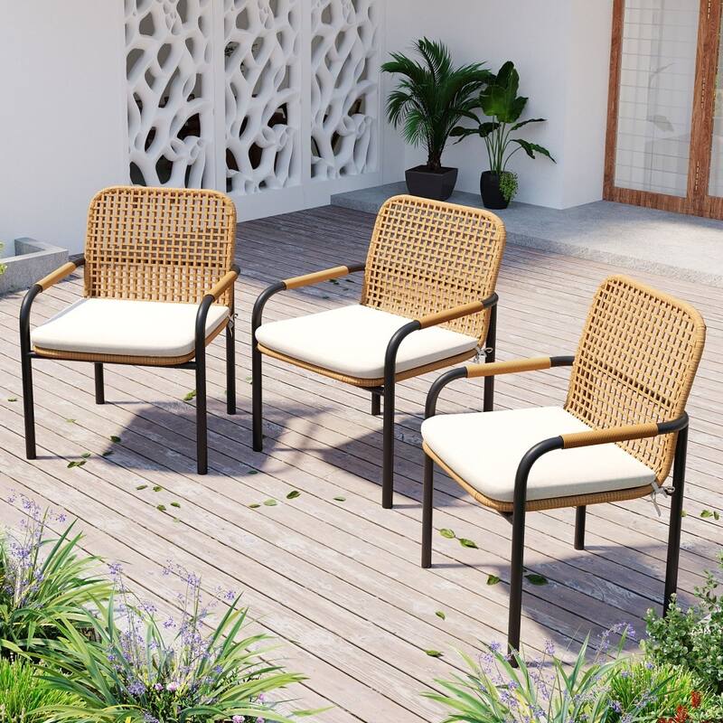 3-piece Farmhouse Outdoor All-weather Wicker Dining Chairs Set with Removable Cushions - Beige 