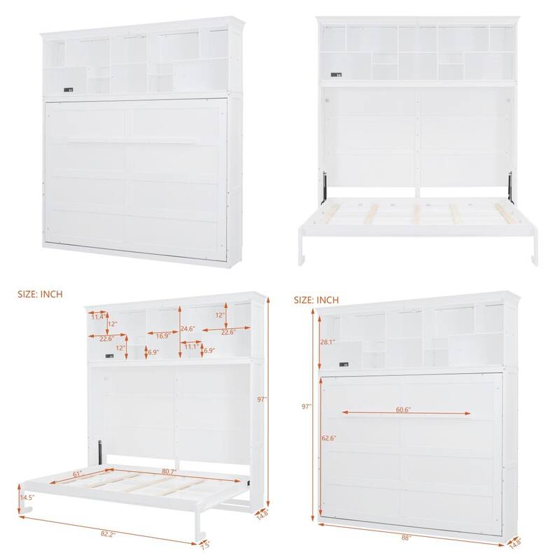 Queen Size Wood Murphy Bed with Top Shelves and USB Port