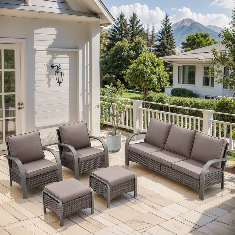 Pocassy Outdoor Sofa PE Wicker Furniture Set - Grey Cushion - 5PCS Sofa Patio Chair with Ottoman