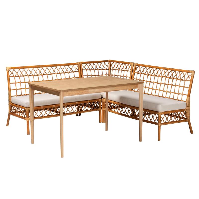 Adora Modern Bohemian Honey Rattan 4-Piece Dining Nook Set - Honey