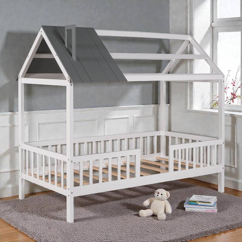 Twin Size Wooden House Bed with Fence, Roof Playhouse Design, Kids Montessori Floor Bed with Safety Rails