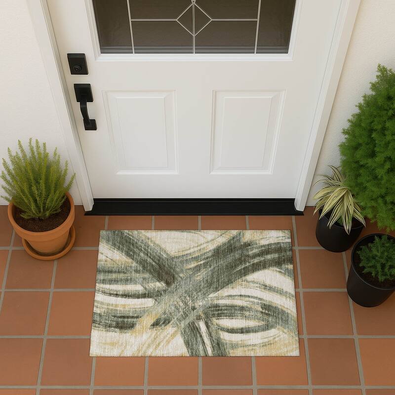 Machine Washable Indoor/ Outdoor Abstract Brushstroke Chantille Rug - Olive - 1'8" x 2'6"