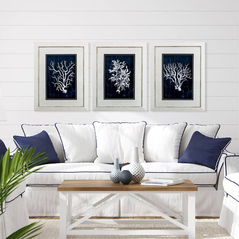 Wood Coral Blue S/3 Framed Art Under glass