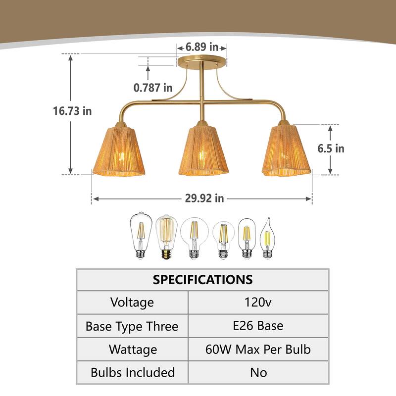 Bohemian Brown Paper Rope Shade 3-Light Gold Linear Chandelier Light