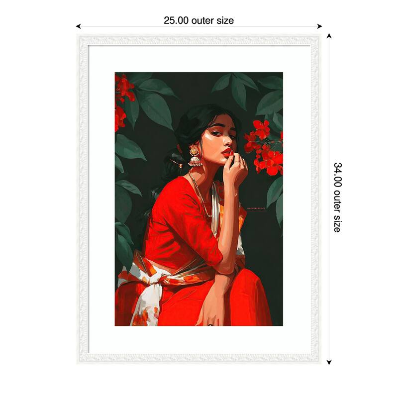 Indian Woman Red Traditional Dance Pose Elegant Teal by Tradelink inhouse artist Wood Framed Wall Art Print - 25 x 34 in