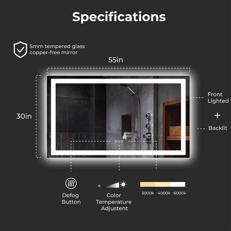 LED Bathroom Mirror with Lights 55x30, Lighted Vanity Mirror Wall Mounted with Front and Backlit - White