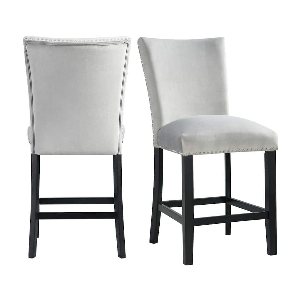 Counter Height Dining Chairs Velvet Set of 2 Gray Nailhead Trim Modern Bar Stools - 42