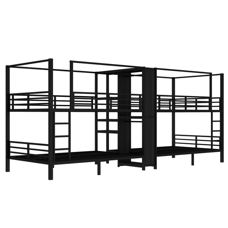 Quadruple Metal Bunk Bed, Heavy Duty Metal Bunk Bed Frame with Built Wardrobe and Storage Shelves, Noise Free