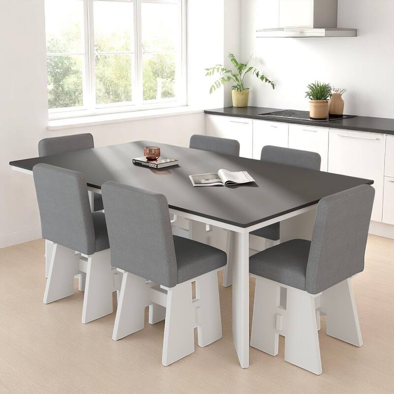 7-Piece Dining Table Set with Solid Wood Frame, Padded Chairs, and Space-Saving Layout - Dark Grey