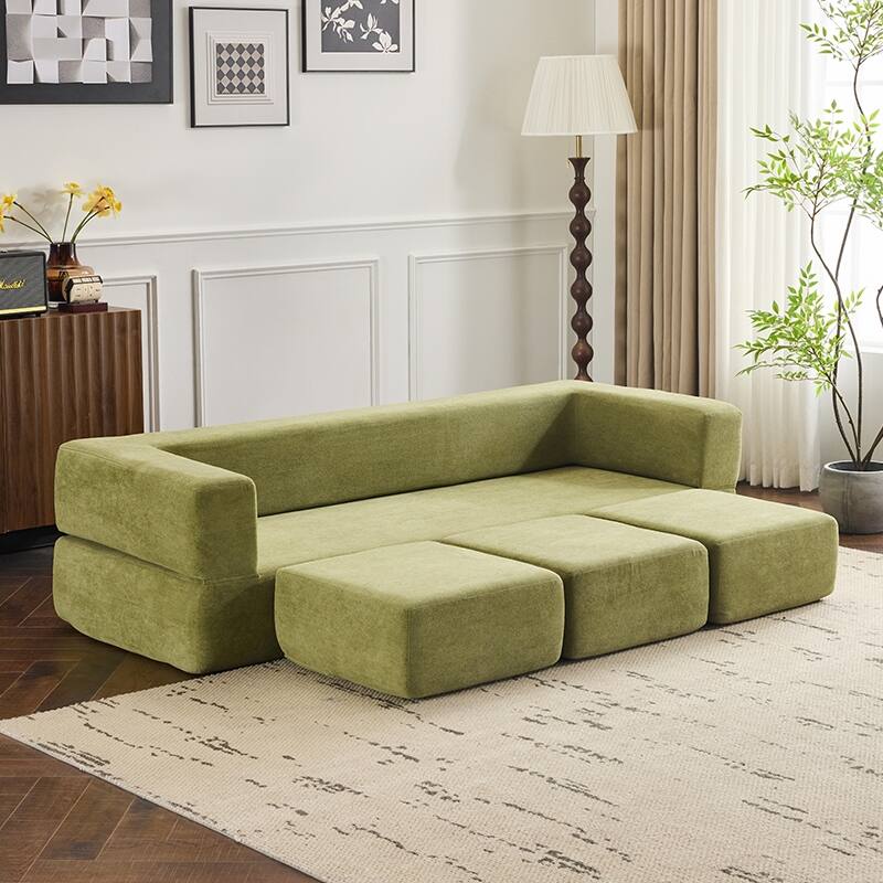 Convertible Sectional Sofa With 3 Storage Ottomans - High-Resilience Foam Sleeper, Space-Saving Chenille Floor Sofa