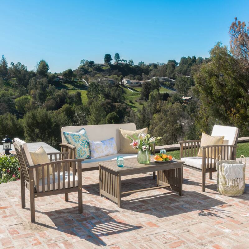 4-Piece Outdoor Chat Set with Water Resistant Cushion and Wood Frame