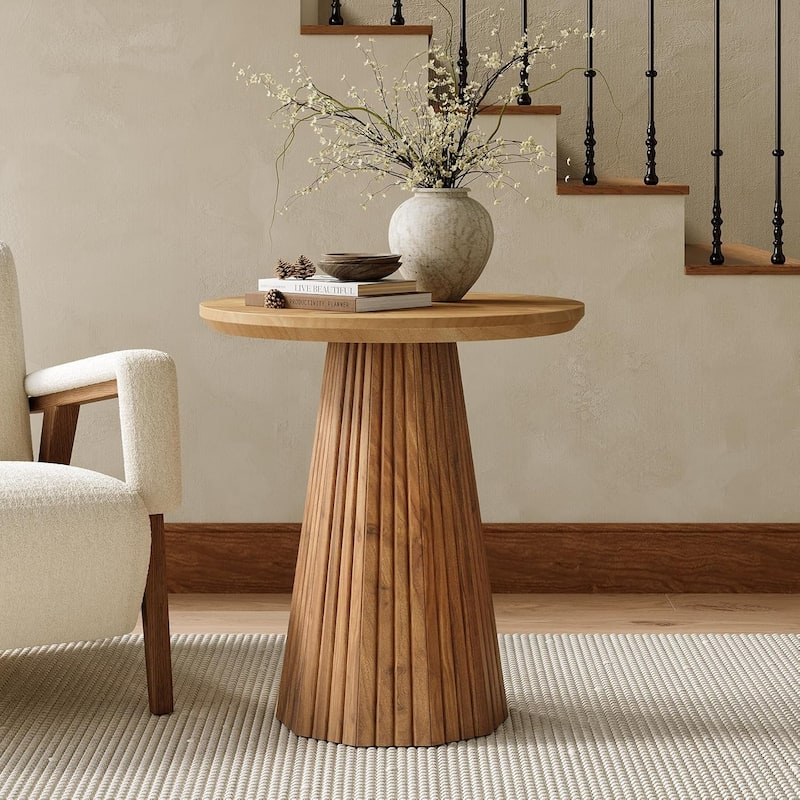 19-inch Farmhouse Solid Wood Small Round Pedestal Side/End Table with Fluted Base - 1pcs