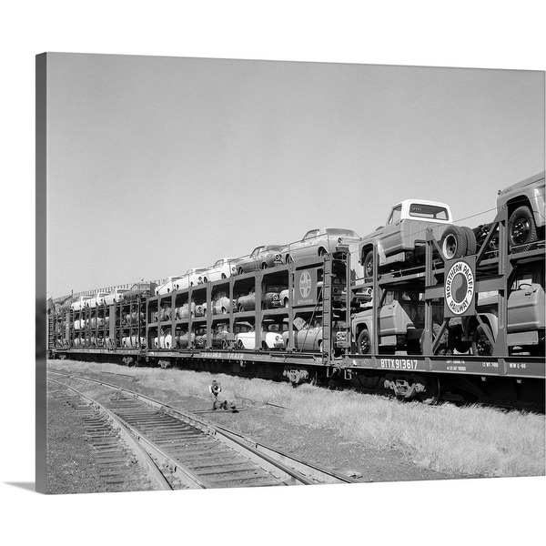 "1960's Railroad Freight Train Carrying Automobiles And Pickup Trucks" Canvas Wall Art