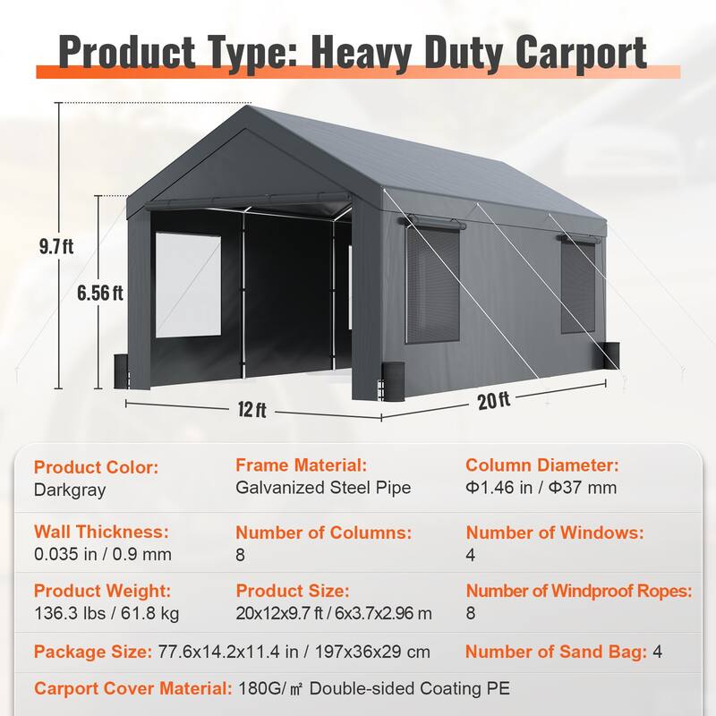 Heavy Duty 12x20ft Carport Canopy Outdoor Garage Shelter with Sides - 144 x 240 x 116.4 Inch