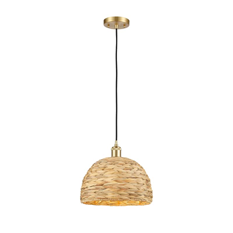 Innovations Lighting Woven Rattan - 1 Light 12" Cord Hung Pendant - Satin Gold/Natural Rattan