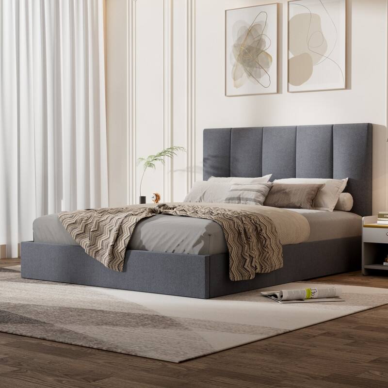 Modern Upholstered Lift-Up Storage Platform Bed with Headboard