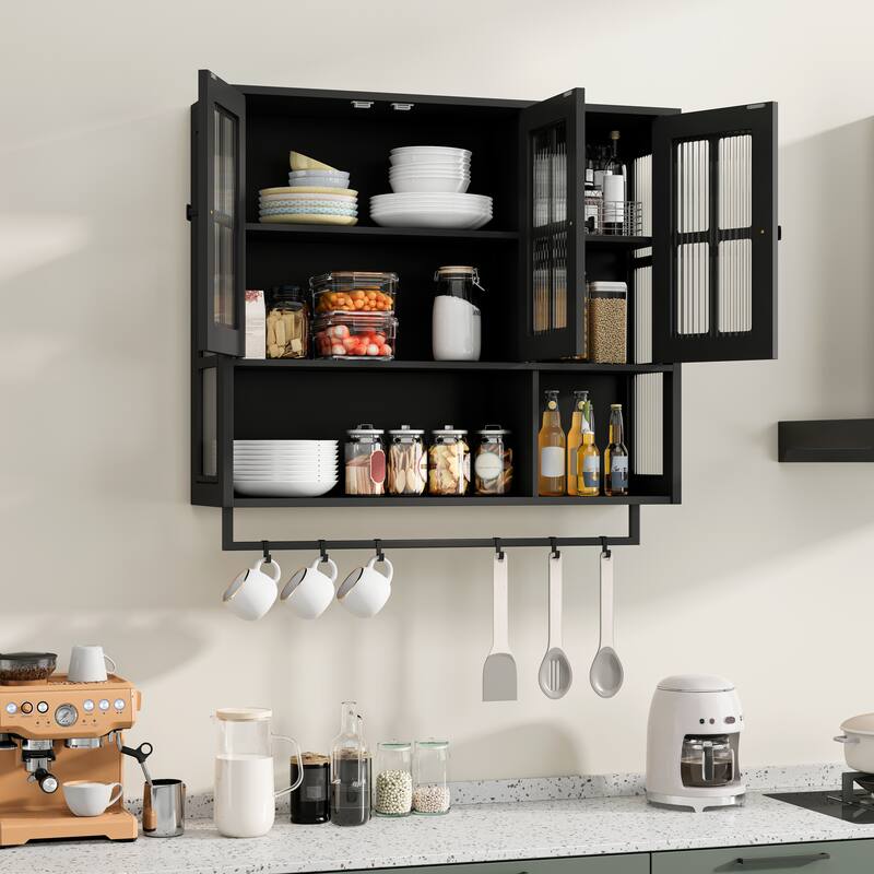 Modern 2 Door/3 Doors Wall Cabinet with 2-tier Enclosed Storage, 1 Open Shelf, and Towel Rack