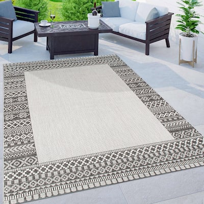 Bohemian Bordered Indoor/Outdoor Flatweave Waterproof Backyard Patio Area Rug