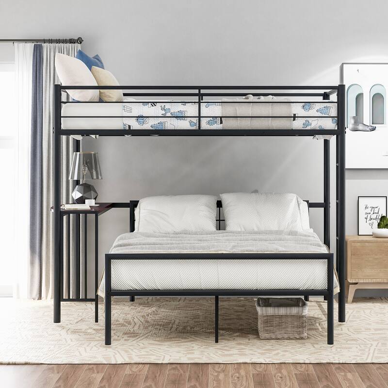 Twin Over Full Metal Bunk Bed with Desk, Ladder and Quality Slats
