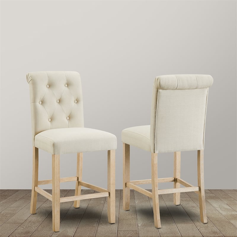 Counter Height Button Tufted Back Solid Wood Stools,Set of 2