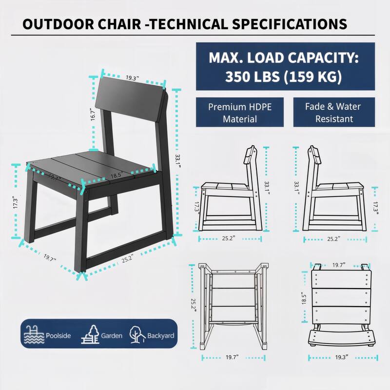2-Pack HDPE Indoor/Outdoor Dining Chairs, All-Weather Garden & Patio Side Chairs with Modern Backrest