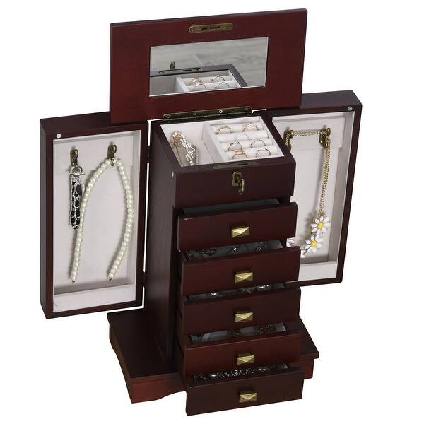 Homcom Tabletop Jewelry Box Beauty Organizer With Mirror 6 Slot Shelves For Necklaces And Earrings Lockable Overstock 31960493