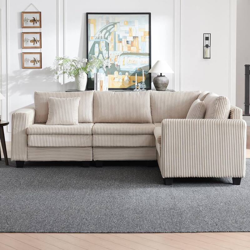 98" Corduroy L-Shaped 3-Seater Sectional Sofa - Beige