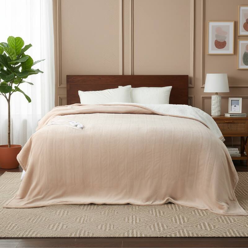 Reversible Flannel and Sherpa Electric Heated Blanket with Adjustable Heat and Auto Shut-Off - Brown-Queen - Queen