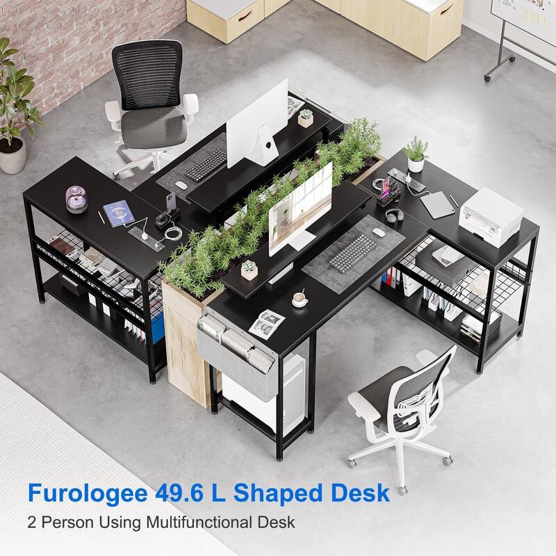 L Shaped Computer Desk with Power Outlets & LED Light, 49.6" Reversible Corner Computer Desk