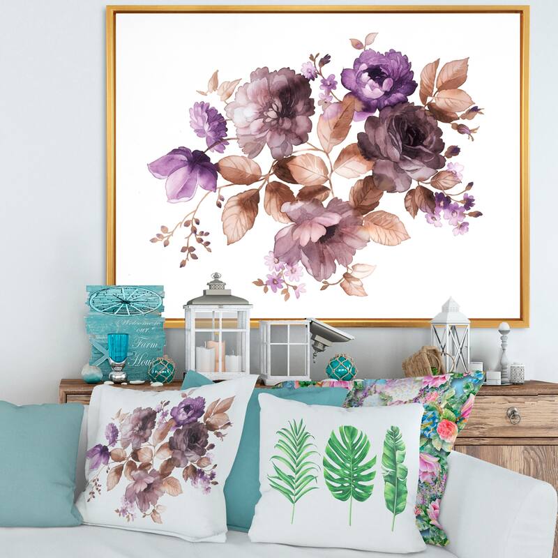 Designart "Purple Retro Flowers With Brown Leaves" Traditional Framed Canvas Wall Art Print