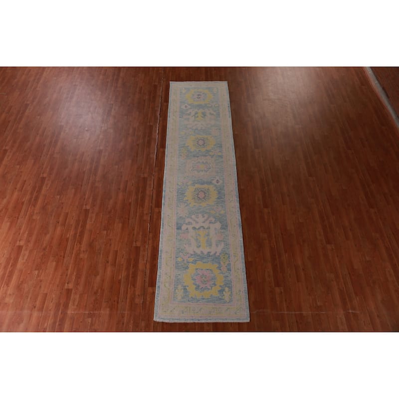 Hand Knotted Oriental 100% Wool Carpet Transitional Floral Navy Blue & Blues Oushak Runner Rug - 12' 9'' X 3' 2''