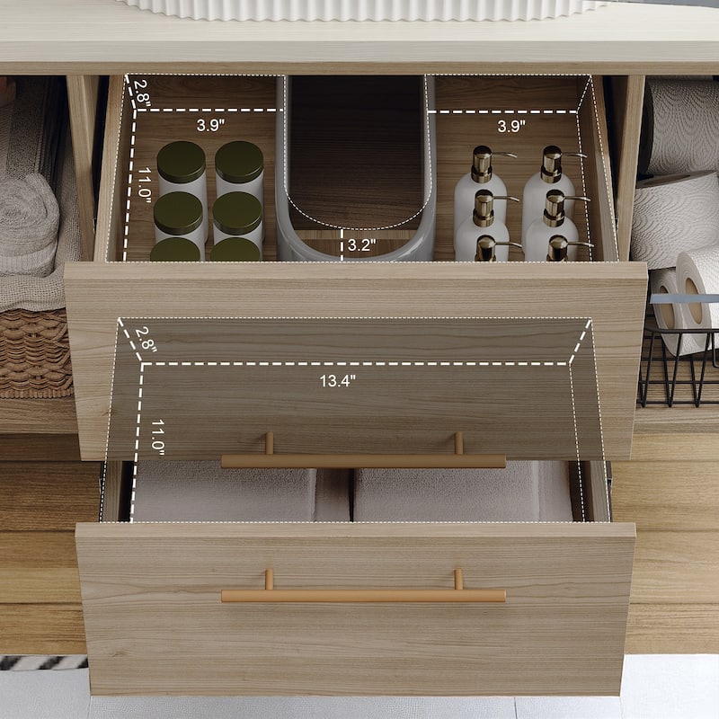 Modern Wall-Mounted Bathroom Vanity with Oval Ceramic Sink, Solid Wood Floating Cabinet, Soft-Close Storage