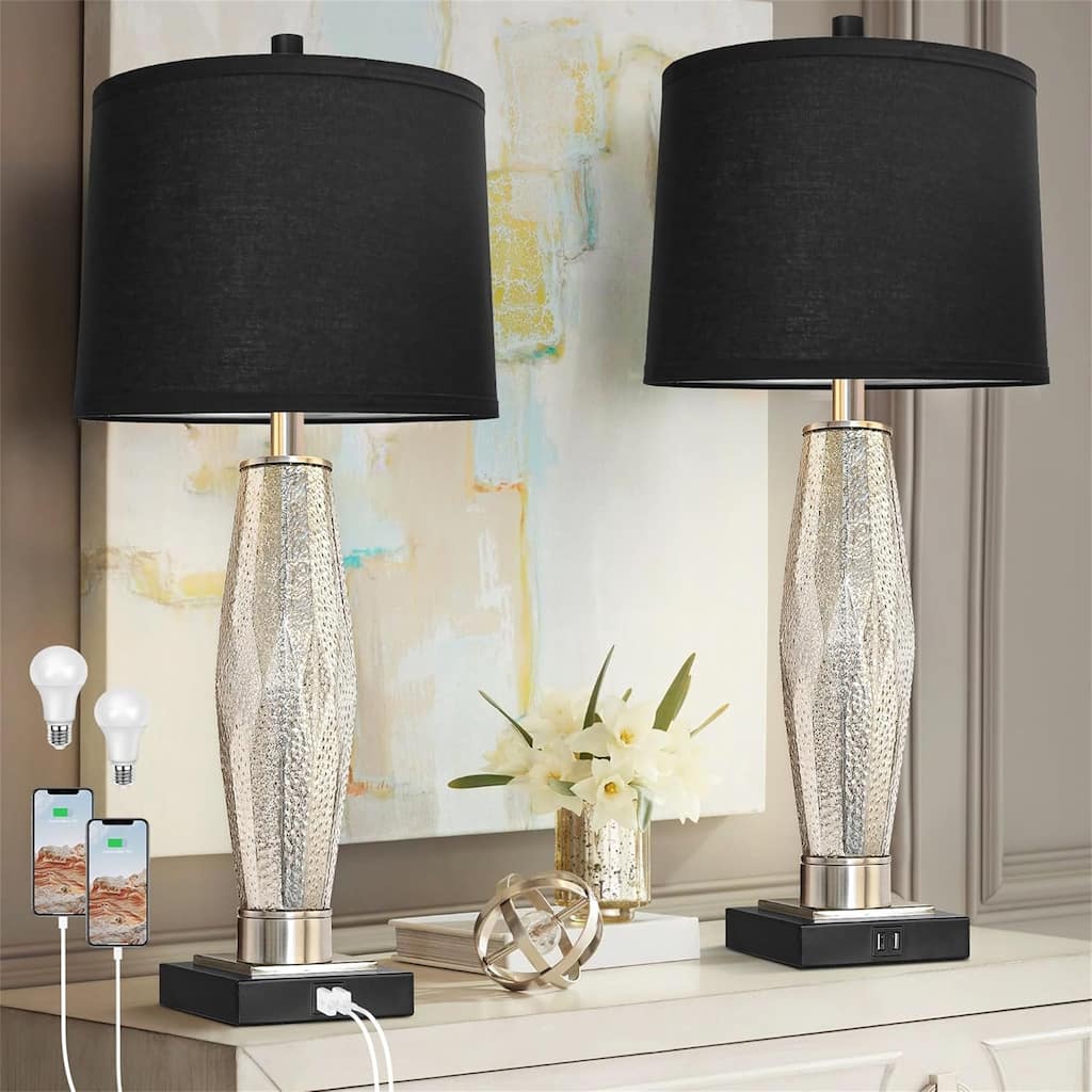 2 PCS Table Lamps with USB A+C Charging Ports (LED Bulbs Included)