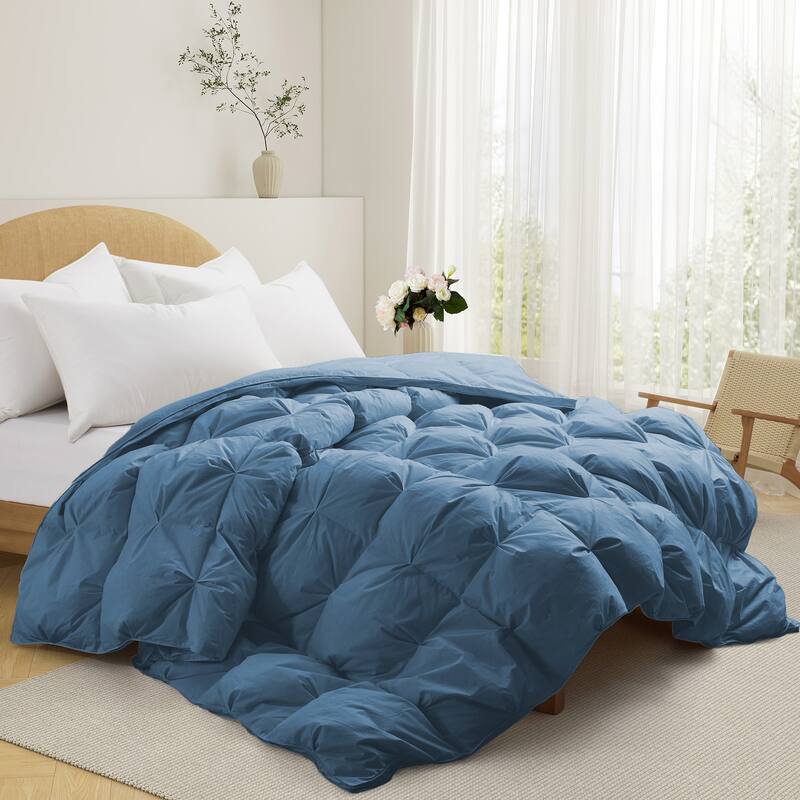 All Season 100% Cotton White Goose Feather Down Comforter with Pinch Pleat Design