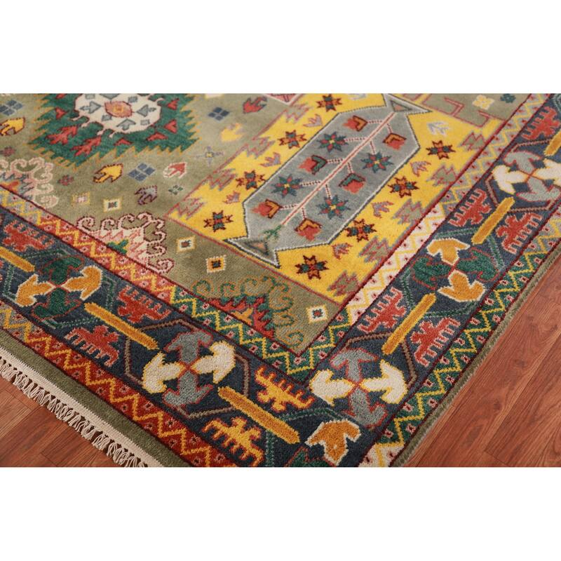 Green Geometric Kazak Oriental Area Rug Hand-Knotted Wool Carpet - 8'0" x 10'2"