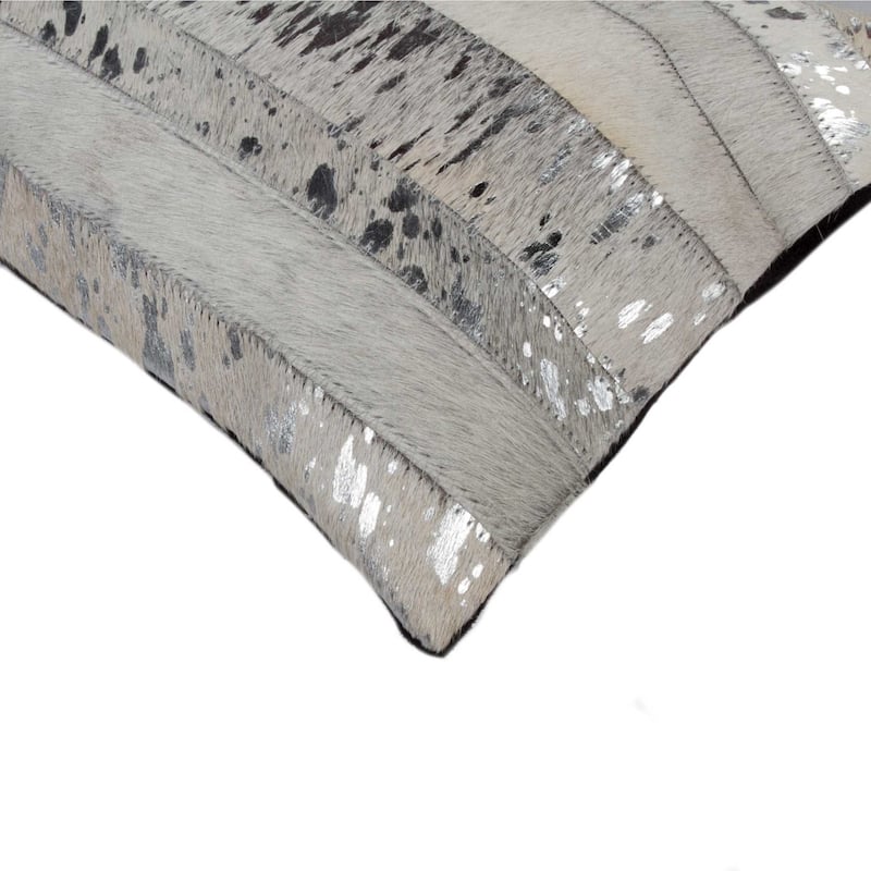 HomeRoots 12" X 20" Gray and Silver Striped Cowhide Lumbar Throw Pillow