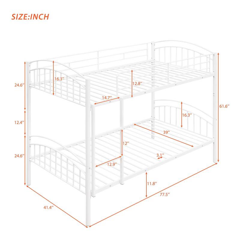 Twin Over Twin Bunk Bed, Convertible into Two Twin Beds, Sturdy Metal Frame with Safety Guardrails, Easy Assembly