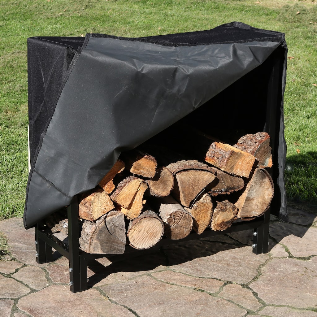 Sunnydaze Indoor-Outdoor Black Steel Firewood Log Rack and Cover Combo - 30-Inch