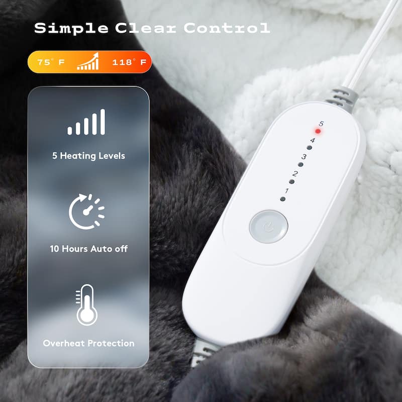 Plush Reversible Flannel and Sherpa Electric Throw Blanket with Safe Auto Shut-Off