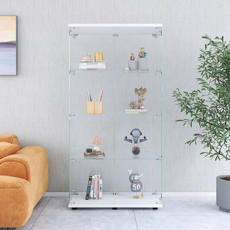 Two-door Glass Display Cabinet 4 Shelves with Door, Floor Standing Curio Bookshelf