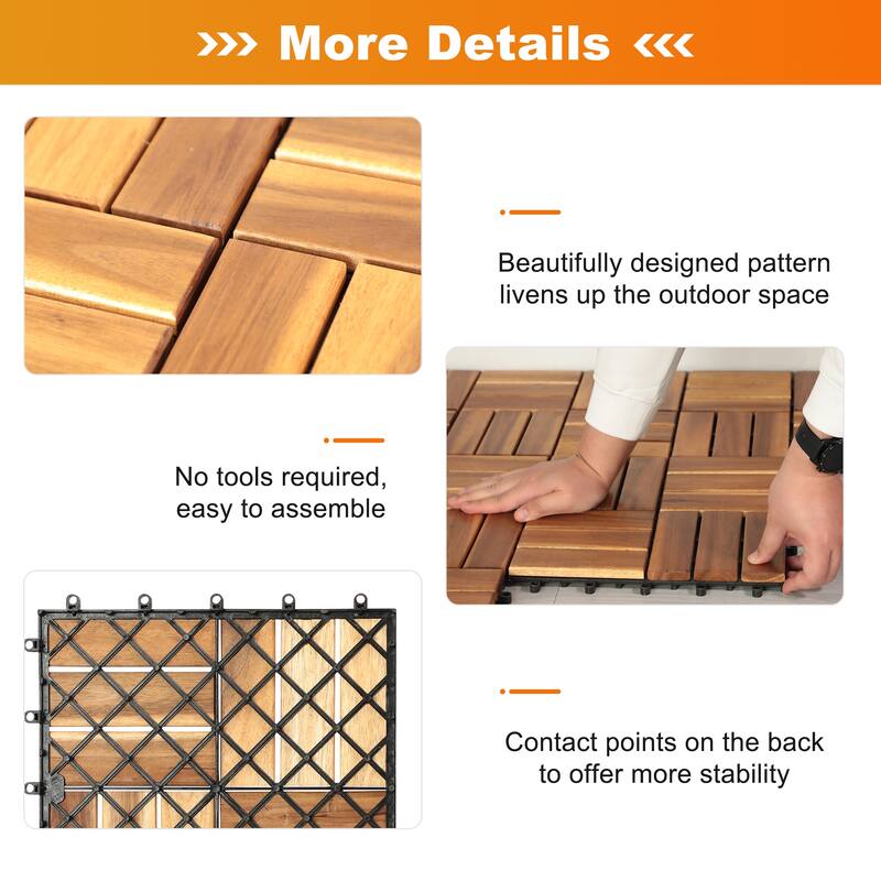 10 Pcs Acacia 12"x 12" Waterproof Flooring Tiles 12 Slat for Indoor & Outdoor