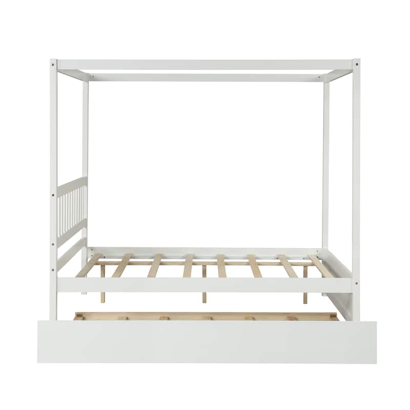 Full Size House Bed with Trundle and Slat Support, Solid Pine Wood Frame