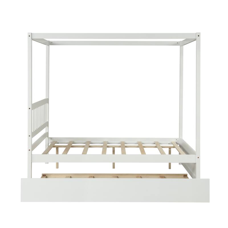 Nestfair Full Size Canopy Bed with Twin Trundle, Kids Solid Wood Platform Bed Frame w/ Headboard, No Box Spring Needed