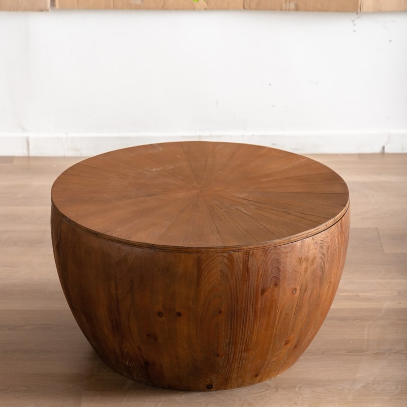 GDFStudio Cael Barrel Wood Coffee Table with Hollow Storage