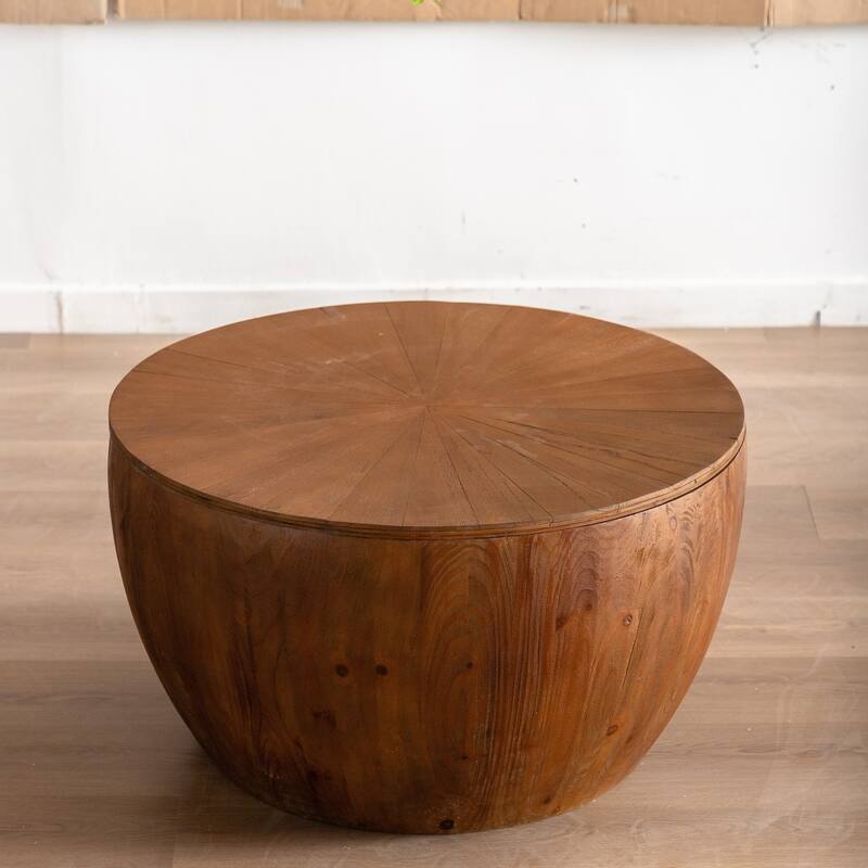 Vintage 31.50" Bucket Shaped Coffee Table with Hidden Storage, Solid Wood Center Table for Office, Living Room