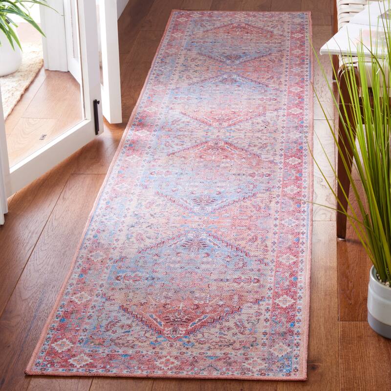 SAFAVIEH Serapi Machine Washable Sada Shabby Chic Distressed Rug - 2' x 9' Runner - Rust/Blue