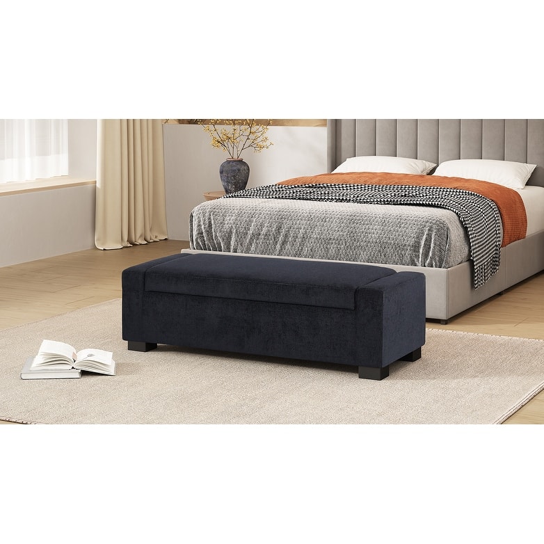 50" Ottoman Bench in Textured Fabric, Rectangular Design with Hinged Lid for Seating, Footrest, and Hidden Storage
