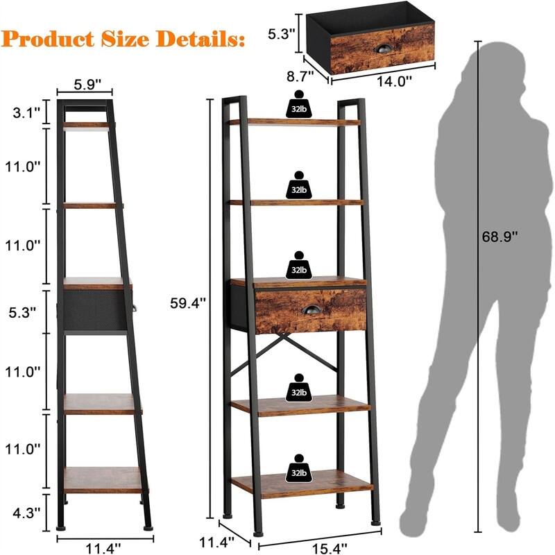 5 Tier Ladder Shelf with Drawer - 11.4"D x 15.4"W x 59.4"H