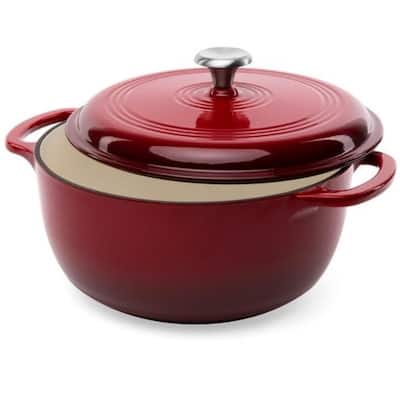 6 Quart Large Red Enamel Cast-Iron Dutch Oven Kitchen Cookware - 14"L x 11.25"W x 7.5"H